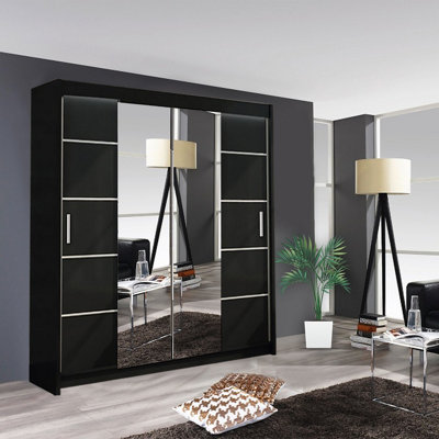  - Modern Oslo Mirror Sliding Door Wardrobe With Hanging Rails & Shelves (Black150Cm)