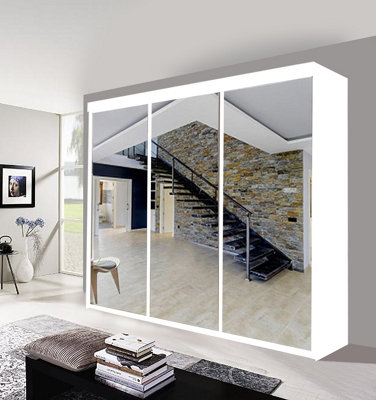  - Milan Sliding Mirror Door Wardrobe With Hanging Rails & Shelves ( White 250 Cm )