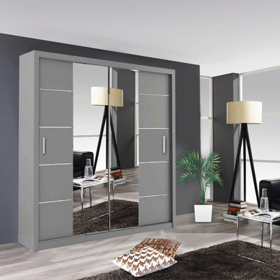  - Modern Oslo Mirror Sliding Door Wardrobe With Hanging Rails & Shelves (Grey203Cm)