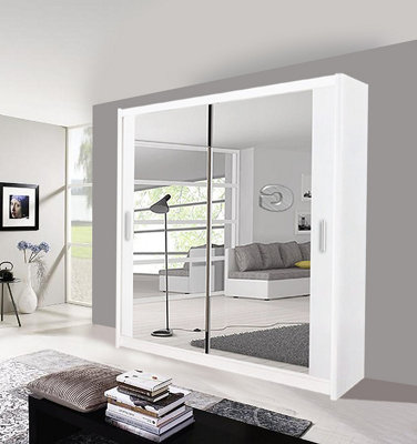  - Milan Sliding Mirror Door Wardrobe With Hanging Rails & Shelves ( White 180 Cm )