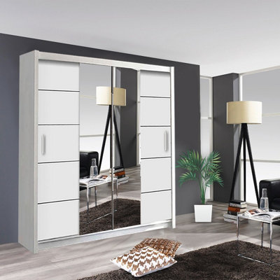  - Modern Oslo Mirror Sliding Door Wardrobe With Hanging Rails & Shelves (White150Cm)