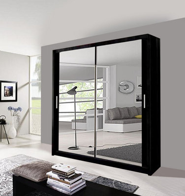  - Milan Sliding Mirror Door Wardrobe With Hanging Rails & Shelves ( Black 180 Cm )