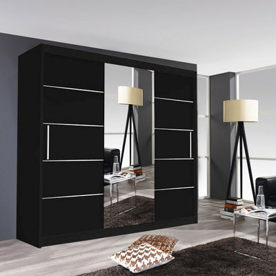  - Modern Oslo Mirror Sliding Door Wardrobe With Hanging Rails & Shelves (Black250Cm)