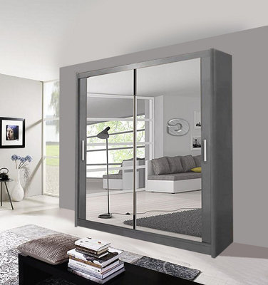  - Milan Sliding Mirror Door Wardrobe With Hanging Rails & Shelves ( Grey 180 Cm )