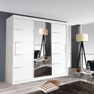  - Modern Oslo Mirror Sliding Door Wardrobe With Hanging Rails & Shelves (White250Cm)
