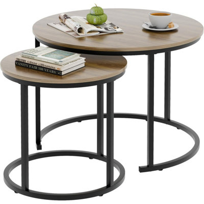 B&Q -  Two Piece Nesting Round Side Tables With Black Metal Frame And Oak Top Diameter 23.6 And 15.7 Inches