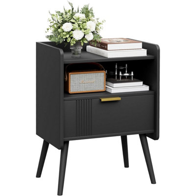 Huhote Black Wooden Two Drawer Bedside Nightstand Cabinet With Two Tier Storage And Wooden Legs 16.3X11.8X22.8 Inches