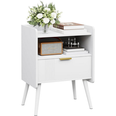 Huhote White Wooden Two Drawer Bedside Nightstand Cabinet With Two Tier Storage And Wooden Legs 16.3X11.8X22.8 Inches