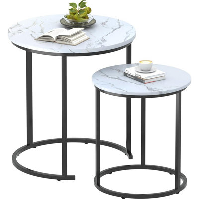B&Q -  Two Piece Nesting Round Side Tables With Black Metal Frame And White Wood Marble Finish Top Diameter 18.89 Inches