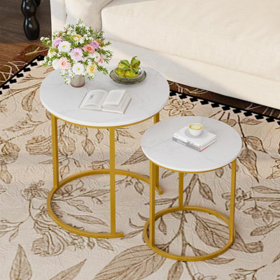 B&Q -  Two Piece Nesting Round Side Coffee Tables With Gold Metal Frame And White Wood Marble Finish Top Diameter 18.89 Inches