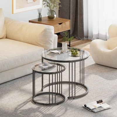 B&Q -  Round Nesting Coffee Table Set Of 2 With Metal Frame Black And Clear Glass Diameter 23.6 And 15.7 Inch