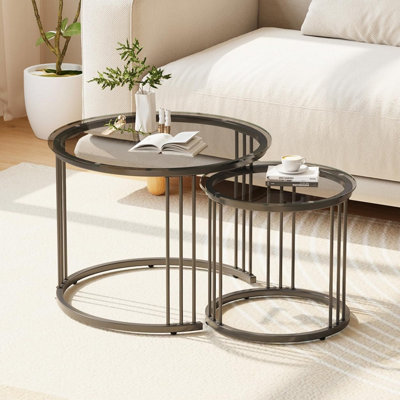 B&Q -  Round Nesting Coffee Table Set Of 2 With Metal Frame Black And Grey Glass Diameter 23.6 And 15.7 Inch