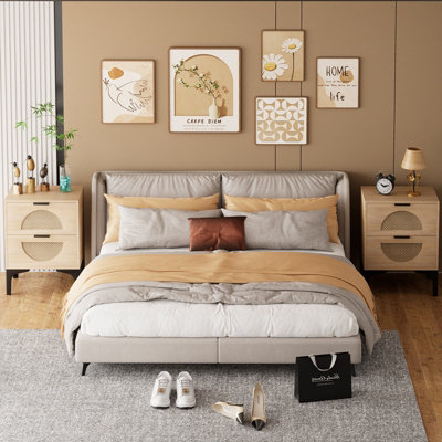 B&Q -  Boho Wood Bedside Table Set Of 2 With Rattan Decorated Drawers Wood Color