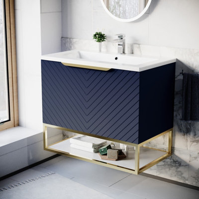 Nes Home 800Mm Wall Hung Blue Drawers Basin Vanity Brushed Brass Frame & Handle - Image 3