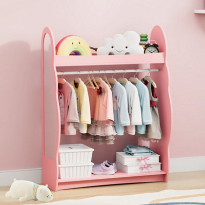 B&Q -  Stylish Kids Wardrobe With Mirror Open Hanging Storage For Bedroom Pink