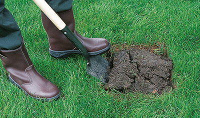 Person wearing boots pressing their foot onto the top of a spade to dig a hole in a section of lawn.