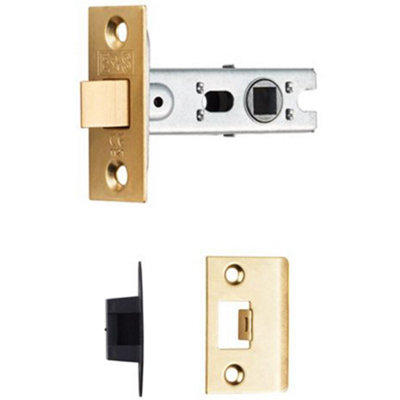 64mm Bolt Through Tubular Door Latch Square Strike Plate Forend Polished Brass