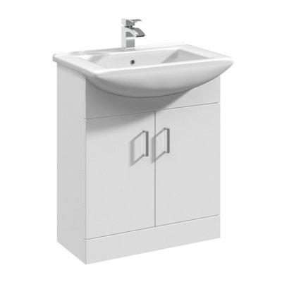 650mm - Gloss White - Floor Standing 2 Door Vanity Basin Unit with Square Basin