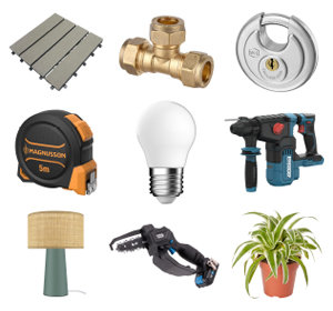 Assorted images of B&Q own brand products, from tools to decor.