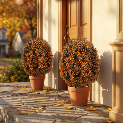 65cm Artificial Boxwood Topiary Shrubs, Fake Autumn Toned Ball Trees ...