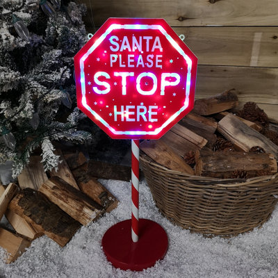 65cm Light Up Christmas Red and White Santa Stop Here Outdoor Sign with 45  Multi Colour LED DIY at BQ