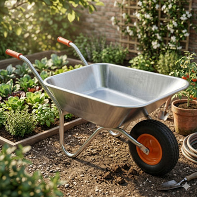 65L Heavy Duty Garden Wheelbarrow with Metal Tray & Steel Frame Single ...