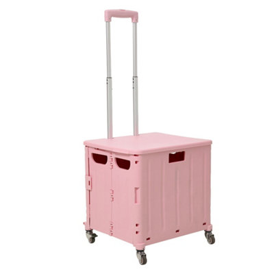 65L Trolley Foldable Plastic Shopping Trolley with Wheels and Handle, Pink