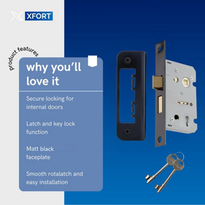 65mm Mortice Sash Lock Matt Black Internal Door Lock with Key
