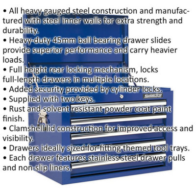 660 x 435 x 490mm BLUE 5 Drawer Topchest Tool Chest Storage Unit - High Gloss