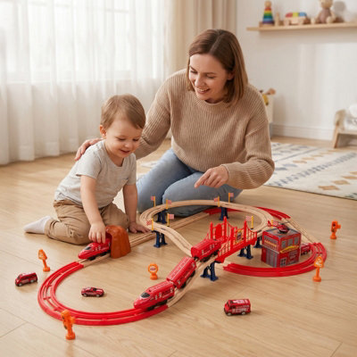 66PCS DIY Fire Rescue Train Track Set Motorized Train with Sound Effect ...