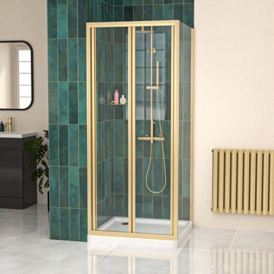 Nes Home Brushed Brass 800mm Bi-Fold Shower Door 800mm Side Panel With Tray from B&Q