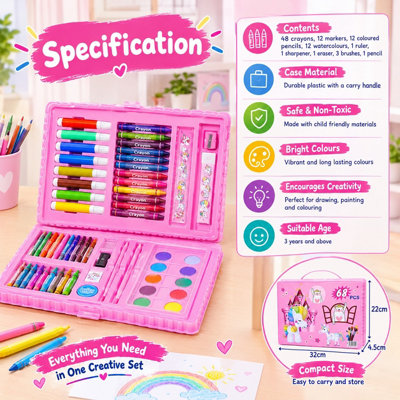 68 Piece Children's Painting and Drawing Set Colouring Pencils Felt Tip ...