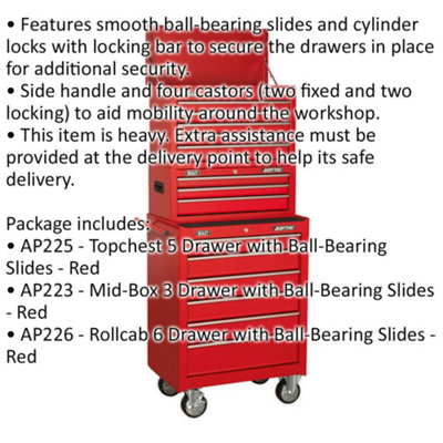 680 x 460 x 1635mm 14 Drawer Combination Tool Chest - RED Mobile Storage Box