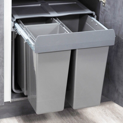 68L Pull Out Integrated Kitchen Waste & Recycling Bin for 600mm Wide Cabinet 1x34L + 2x17L Compartments Soft Close Base Mounted