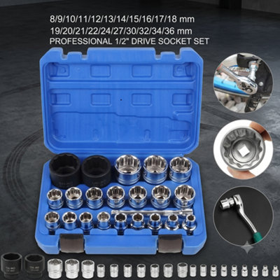  - 21Pcs 1/2 Inch  Drive Universal Spline Socket Set 8-36mm 12-Point Cr-V Metric Socket & Ratchet Kit