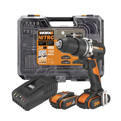 Worx 20V Cordless Brushless Combi Drill With 2 X 2.0Ah Batteries 60Min 2A Charger & 75Pc Accessory Set Wx352.4