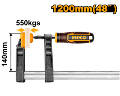 Ingco F-Clamp 1200 mm Heavy-Duty 550 Kg Clamp ForceSteel Bar Clamp from B&Q