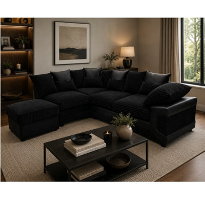 Dino Fabric Left Hand Facing Corner Sofa Foam Seating Black-Black from B&Q