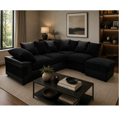 Dino Fabric Right Hand Facing Corner Sofa Foam Seating Black-Black from B&Q