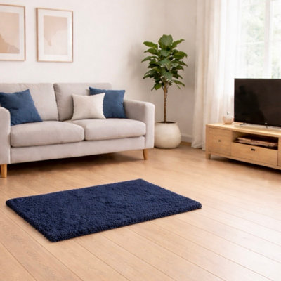 Uetian Navy Blue Shaggy Rug 60X110 Cm 5 Cm Dense Pile Soft Area Rug For Bedroom Living Room from B&Q
