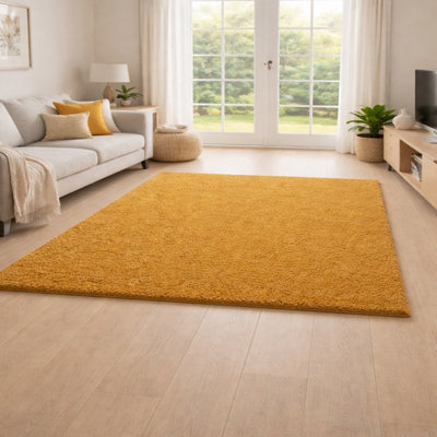 Uetian Gold Shaggy Rug 120X170 Cm Plush 5Cm Dense Pile Carpet For Bedroom Living Area from B&Q