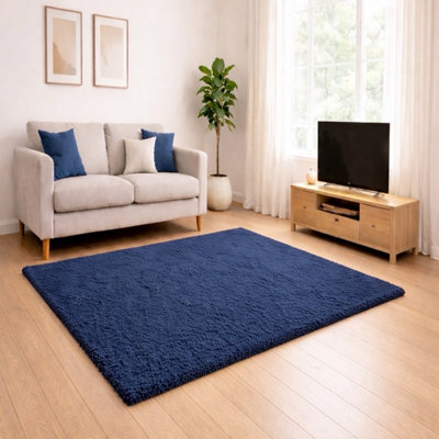 Uetian Navy Blue Shaggy Rug Luxury Thick Pile Area Carpet Modern Home Décor (120X170 Cm) from B&Q