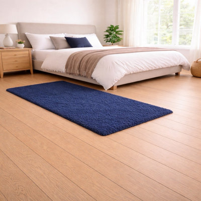 B&Q -  Navy Blue Shaggy Rug Cozy Fluffy Floor Carpet Elegant Interior Style (80X150 Cm)