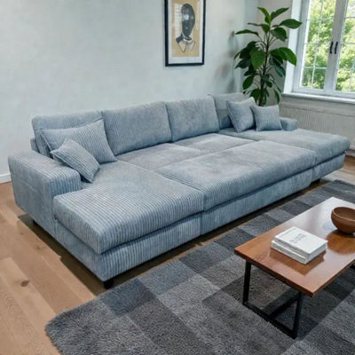 Large Spacious Double Corner Sofa With Footstool Jumbo Cord Blue from B&Q