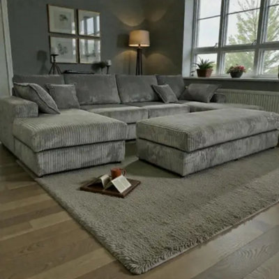 Large Spacious Double Corner Sofa With Footstool Jumbo Cord Grey from B&Q