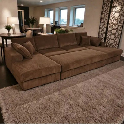 Large Spacious Double Corner Sofa With Footstool Jumbo Cord Chocolate from B&Q