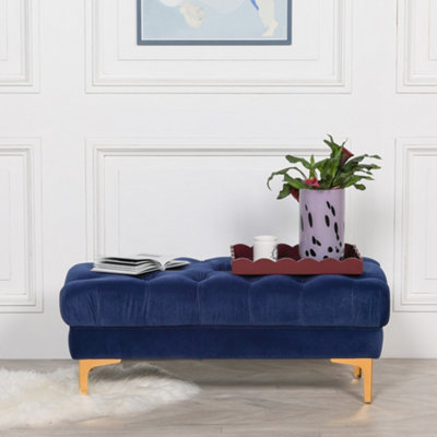 Delphine Navy Blue Velvet Buttoned Ottoman Footstool With Gold Legs