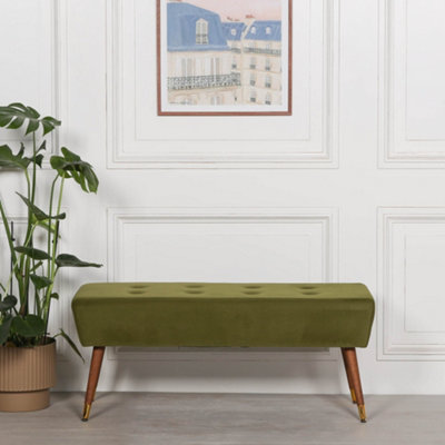 Annalise Olive Green Velvet Buttoned Footstool With Wooden Legs from B&Q