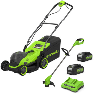 B&Q -  48V 36Cm Lawnmower & 24V 25Cm Linetrimmer With 2X 4Ah Batteries & Dual Charger