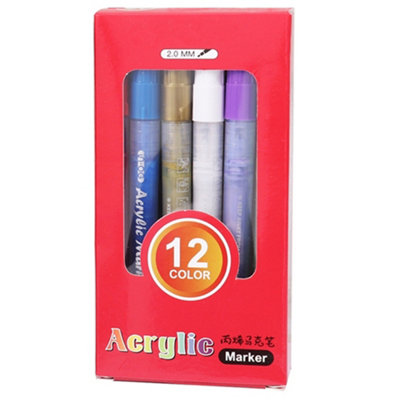 - Box Of 12 Assorted Colour Acrylic Marker Pens